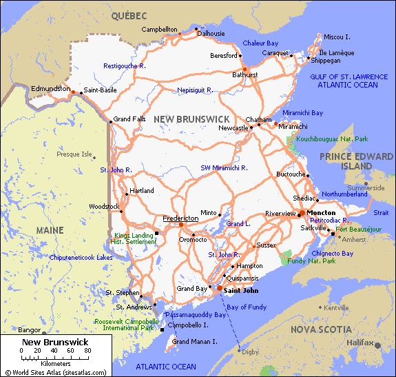 Map of roads of New Brunswick