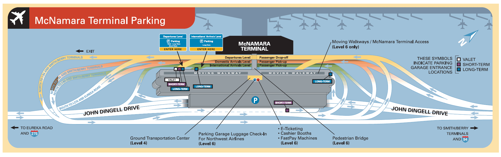Parking scheme near McNamara terminal of Detroit Metropolitan Airport