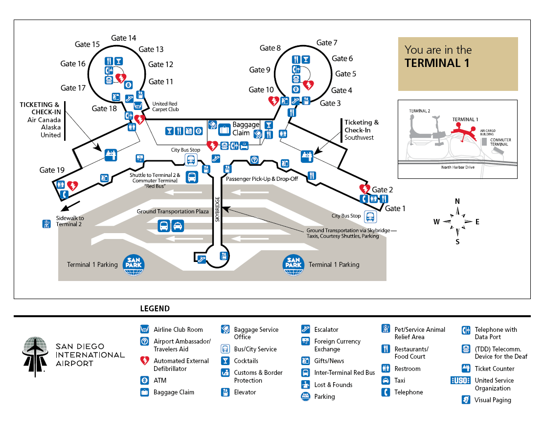 Terminal 1 layout of San Diego International Airport