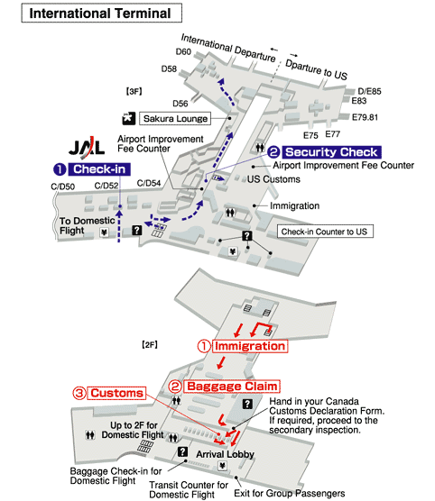 Terminals layout of airlines JAL in Vancouver International Airport