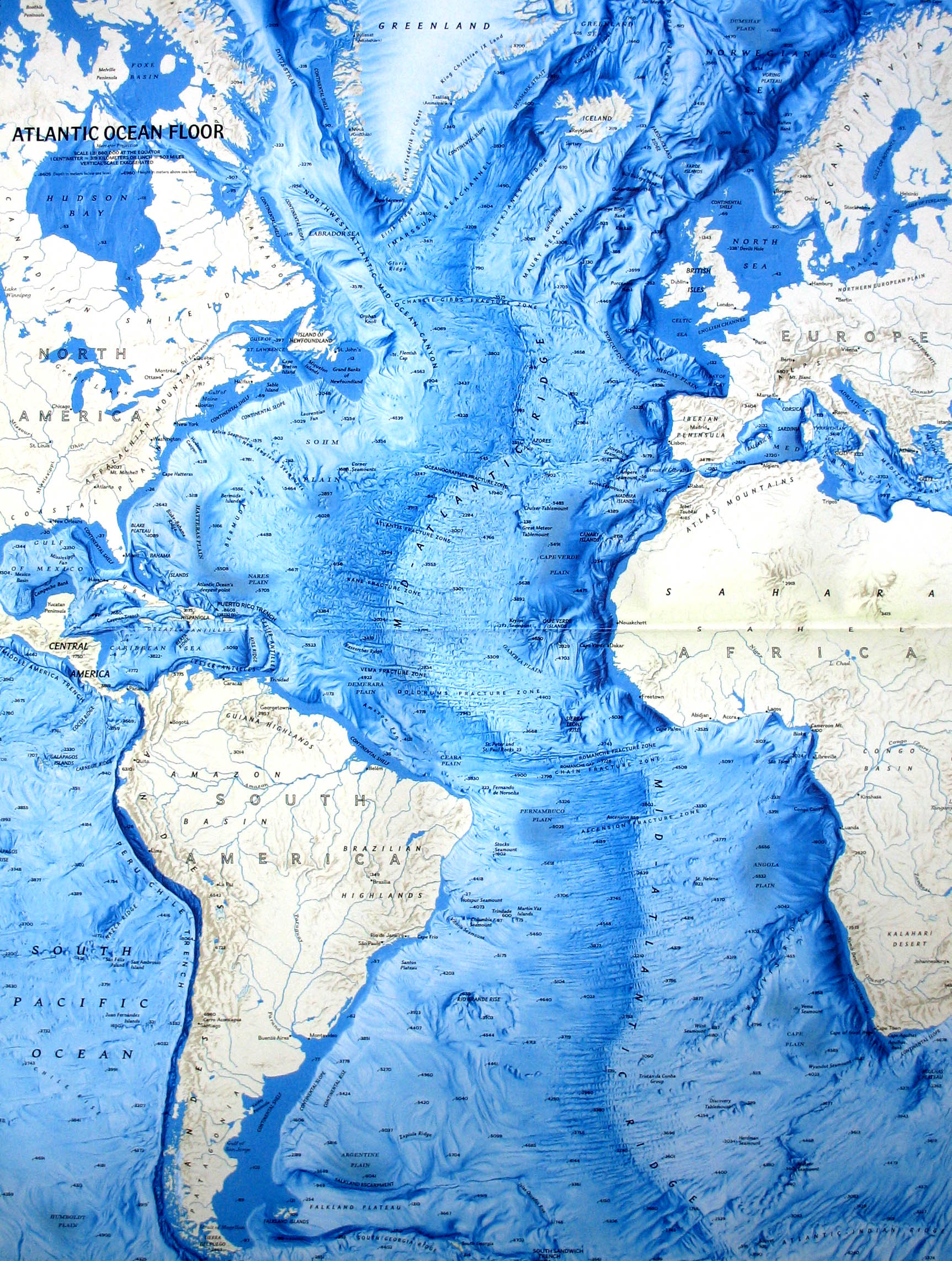 Map of relief of Atlantic Ocean
