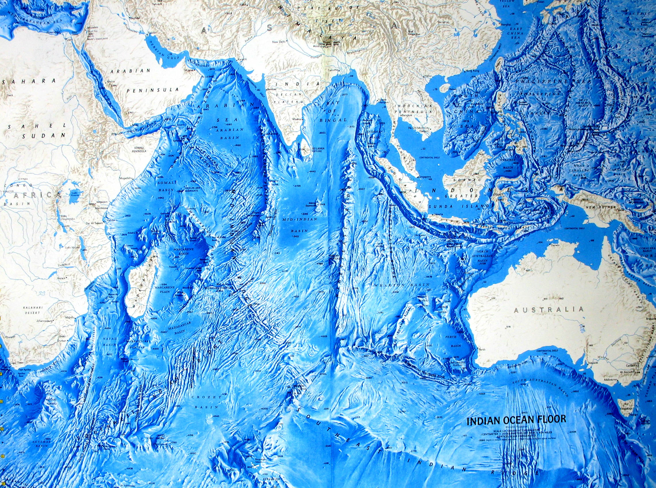 Map of relief of Indian Ocean