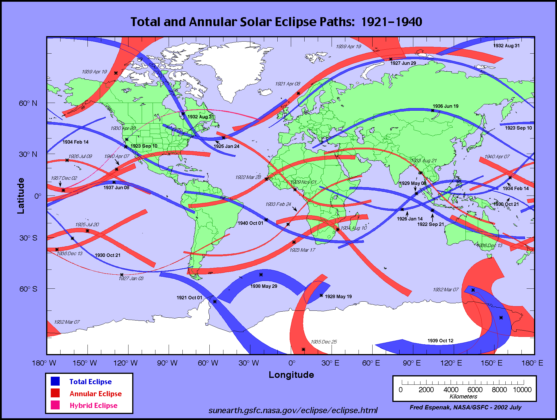 Total and annular solar eclipse paths: 19211940