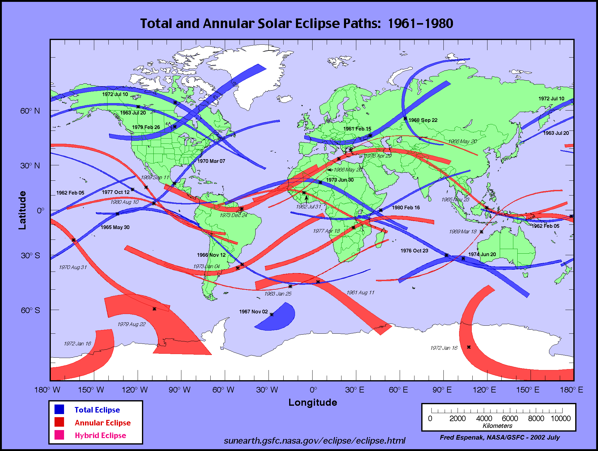 Total and annular solar eclipse paths: 19611980