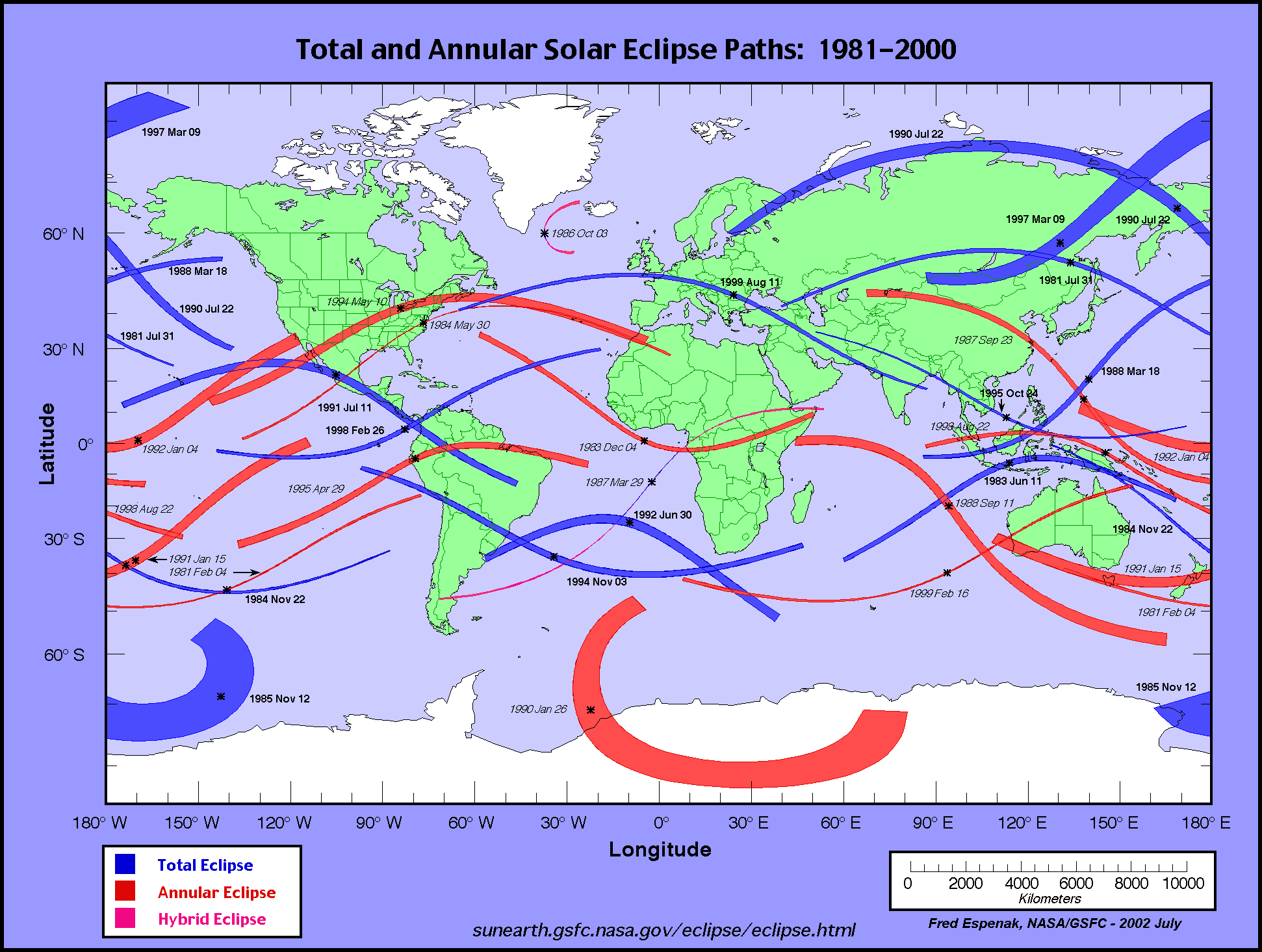 Total and annular solar eclipse paths: 19812000