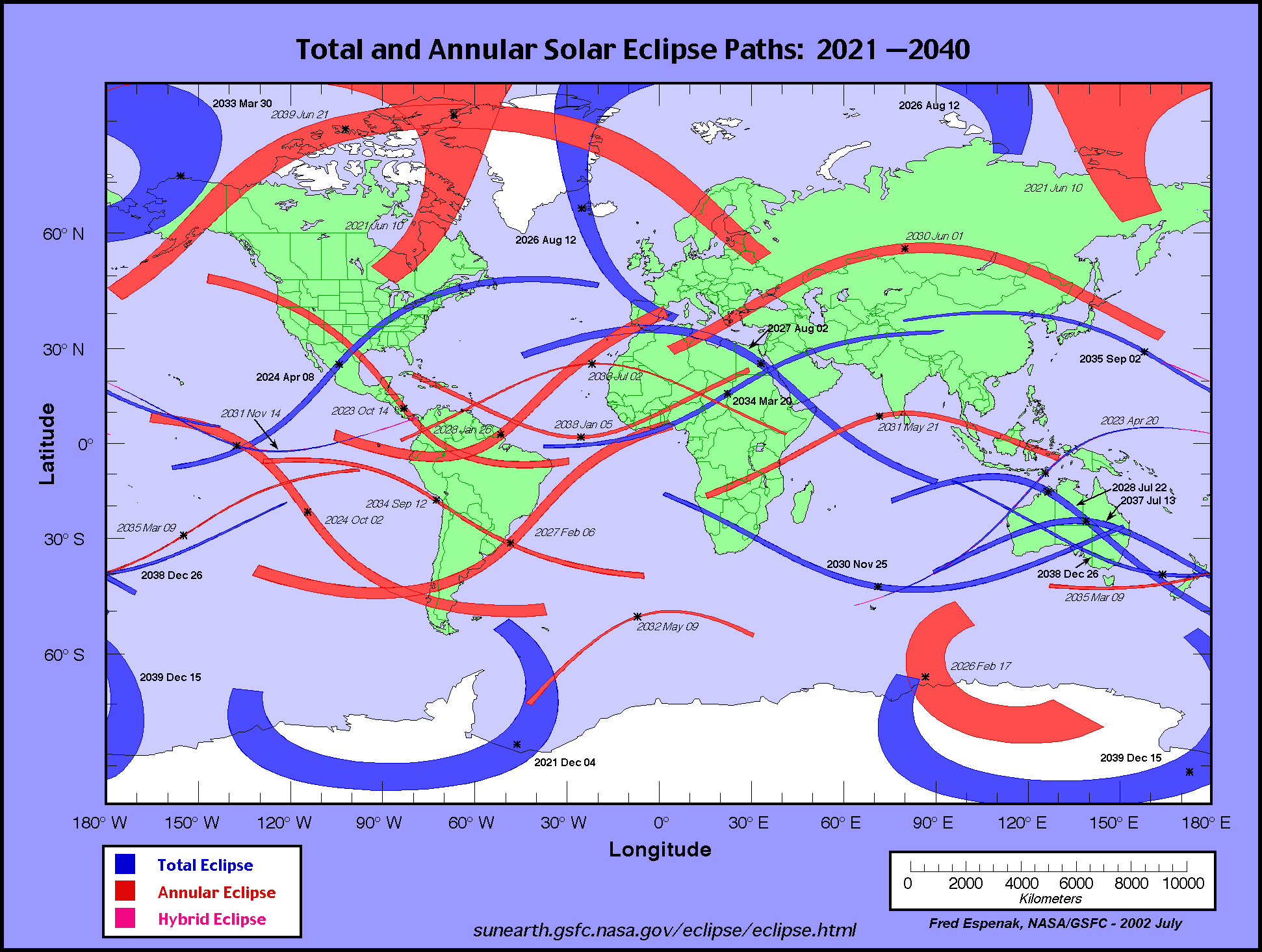 Total and annular solar eclipse paths: 20212040