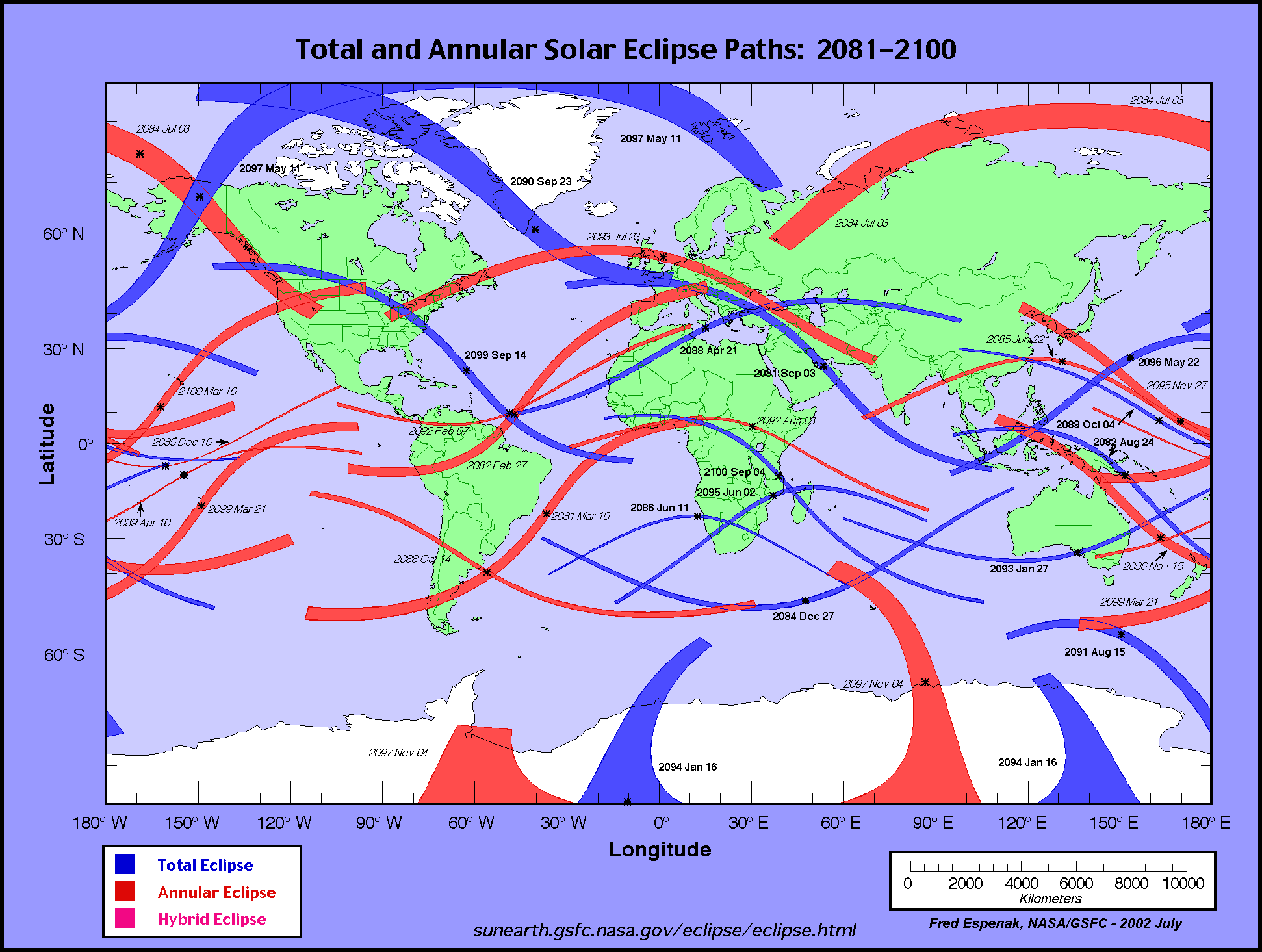 Total and annular solar eclipse paths: 20812100