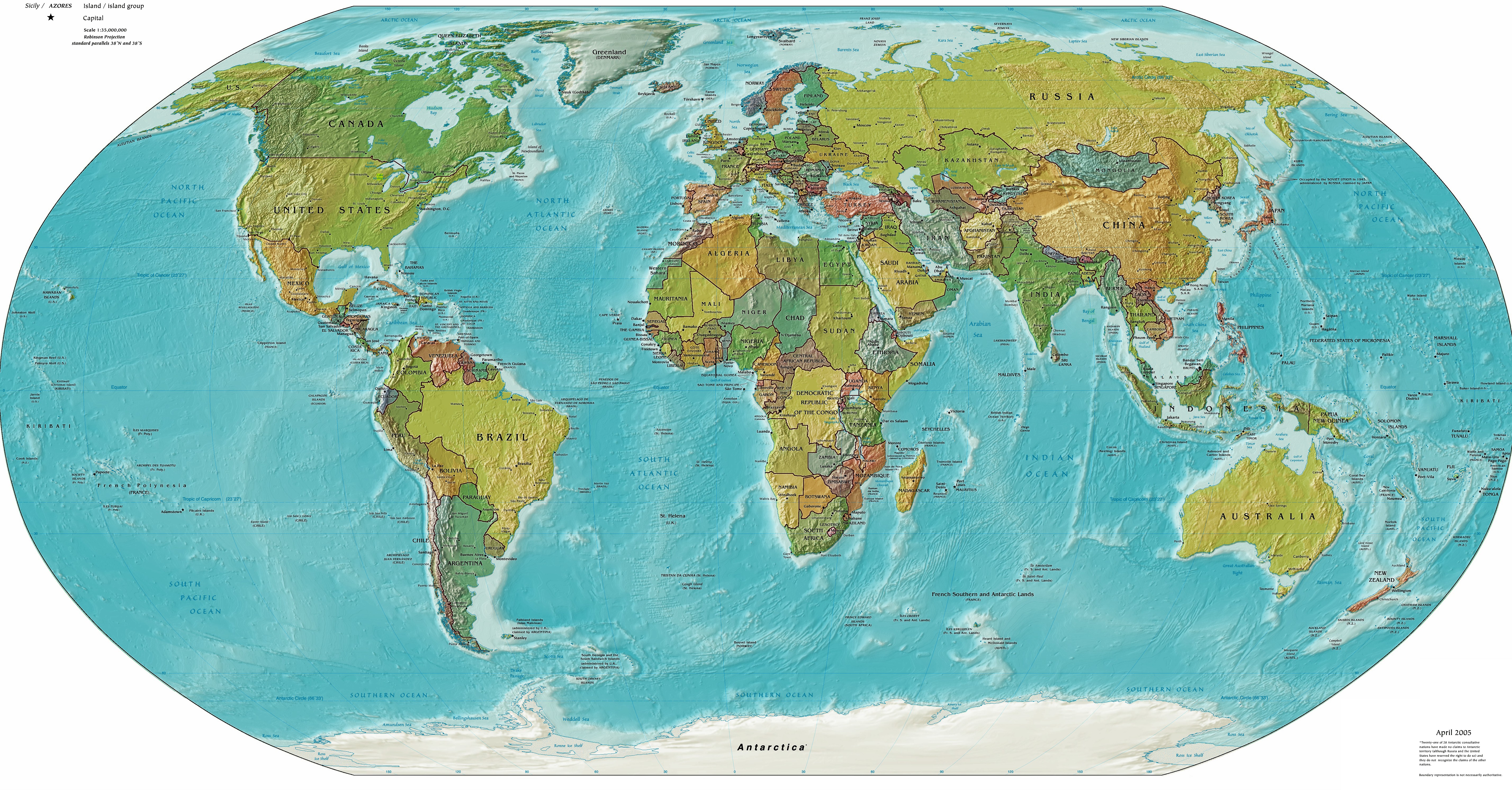 Countries on the phisical map of the world