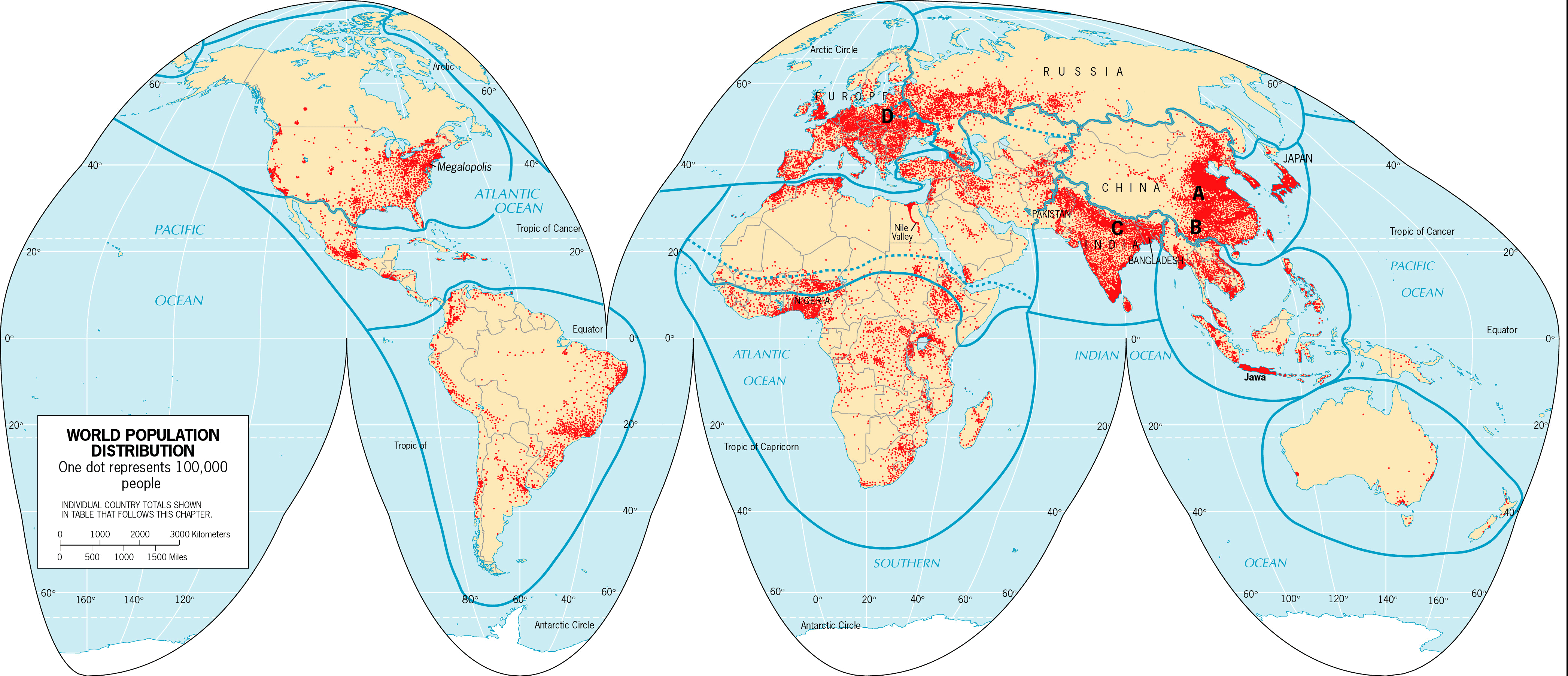 Map of world population distribution