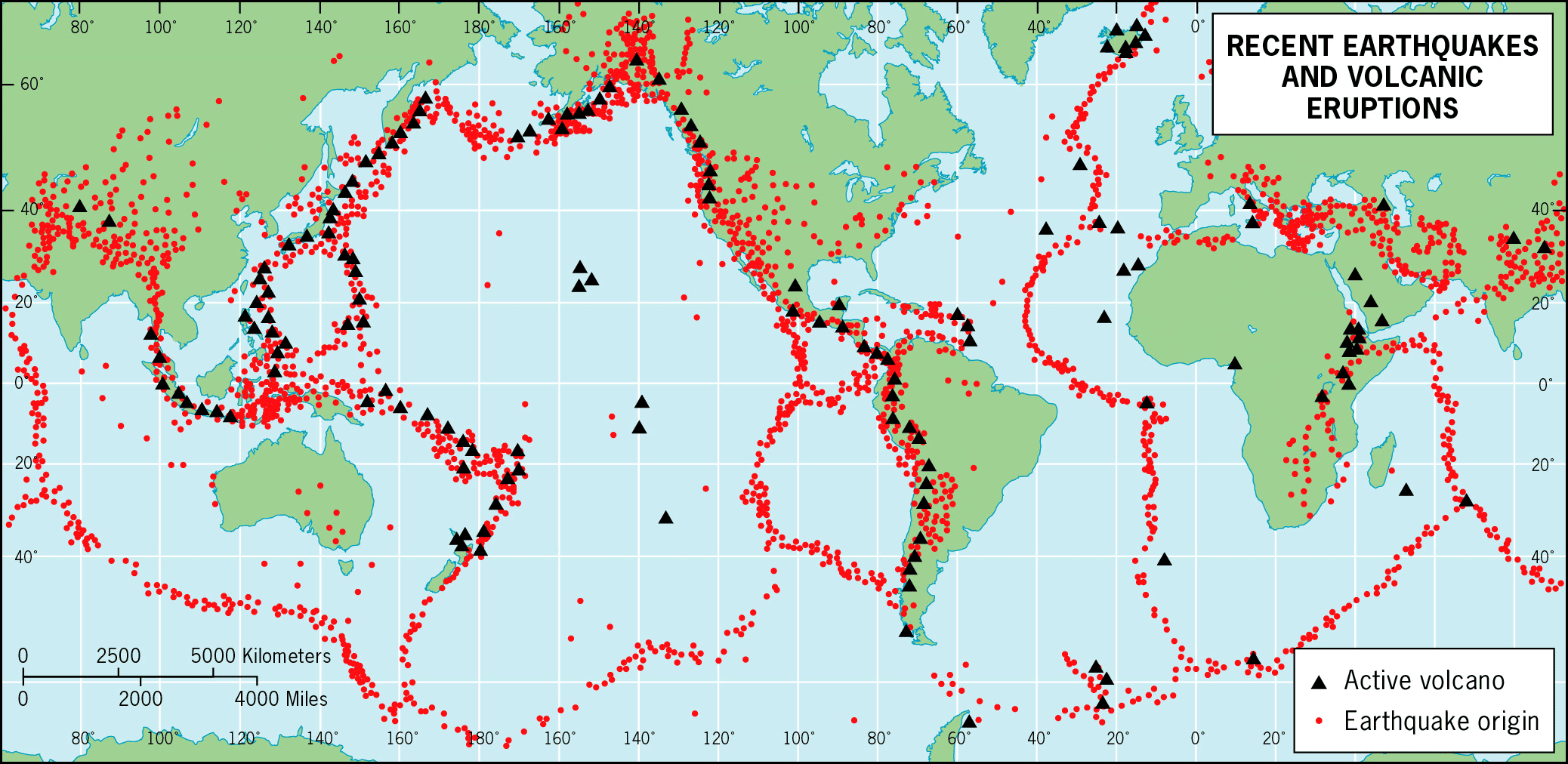 Map of recent earthquakes and volcanic eruptions of the world