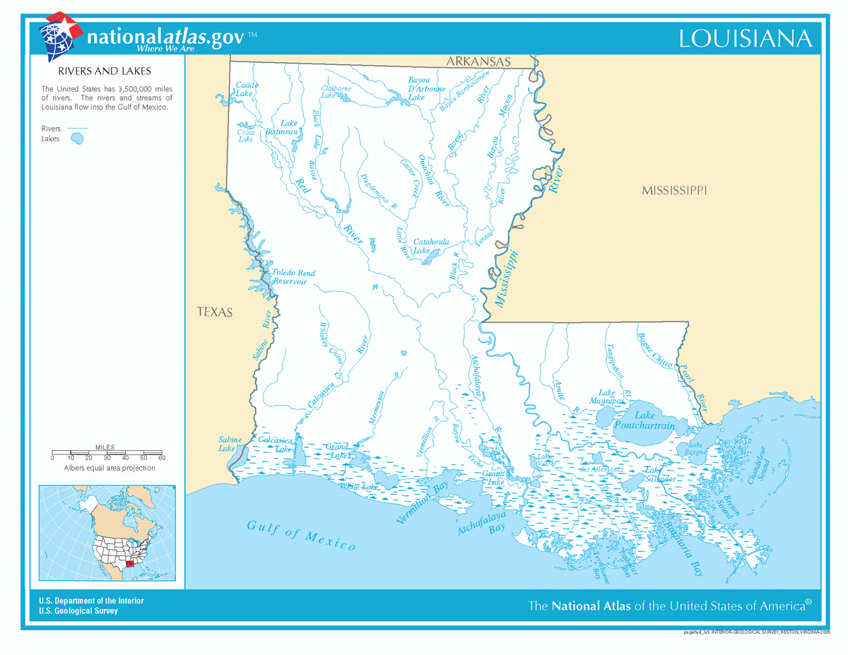 Map of rivers and lakes of Louisiana
