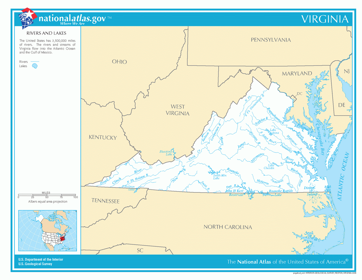 Map of rivers and lakes of Virginia