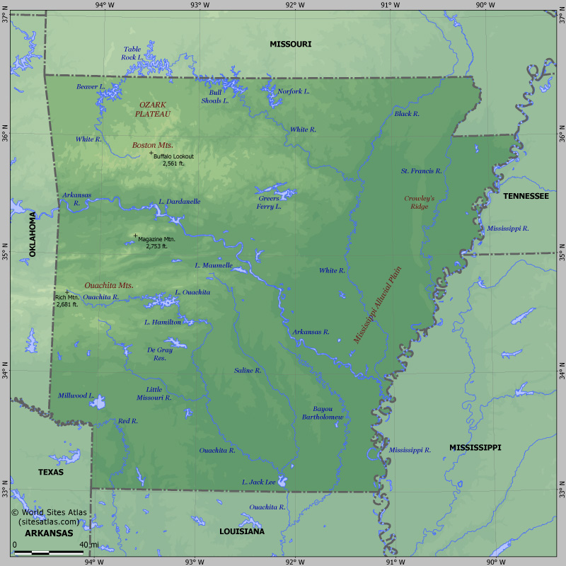 Map of relief of Arkansas
