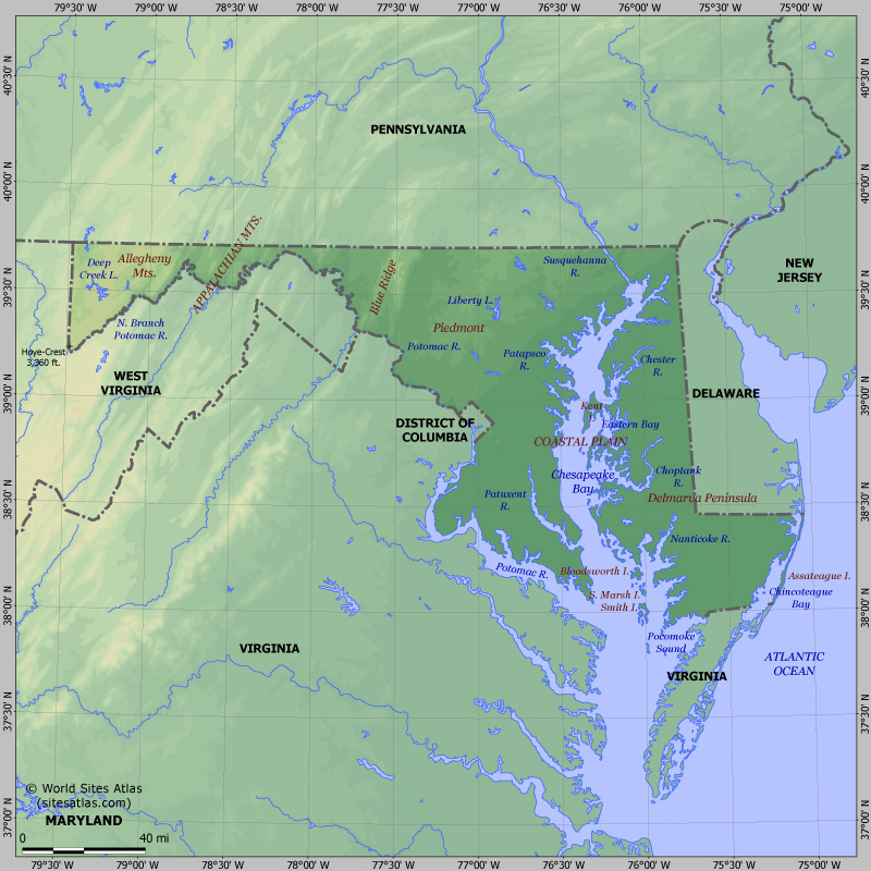 Map of relief of Maryland