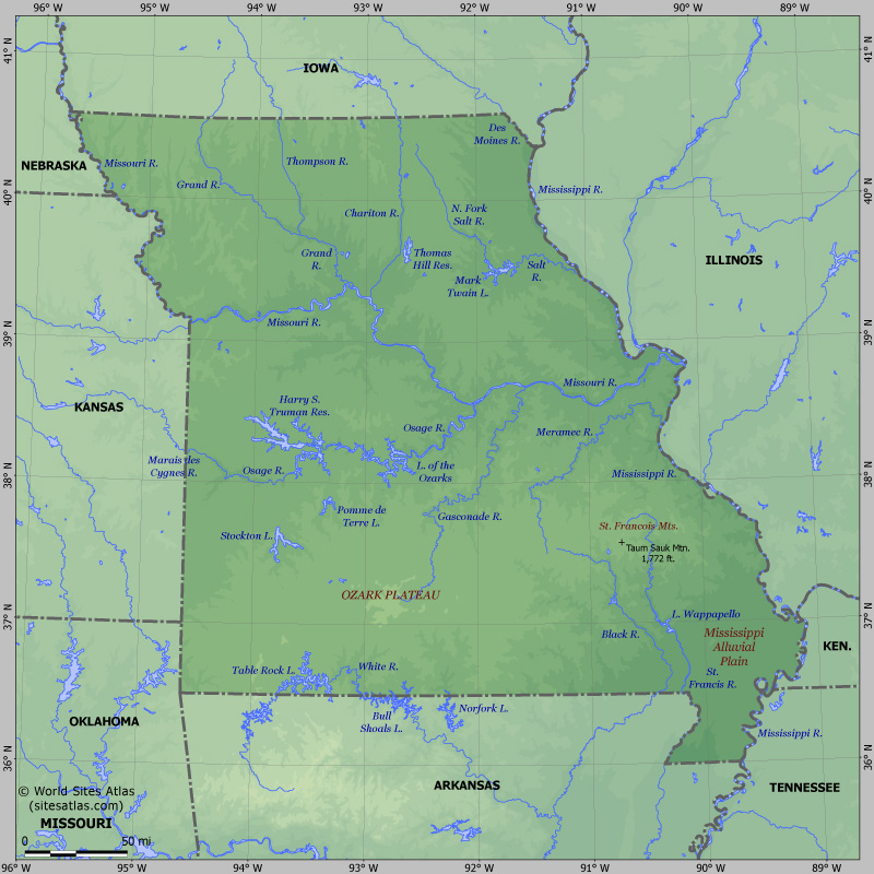 Map of relief of Missouri