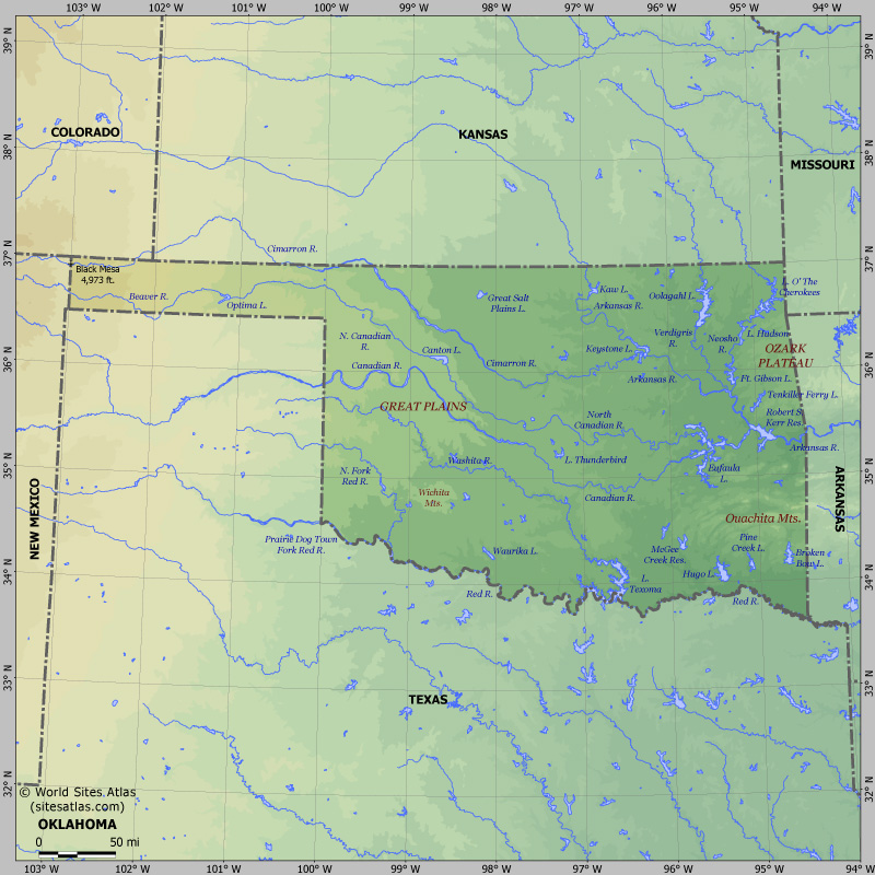 Map of relief of Oklahoma