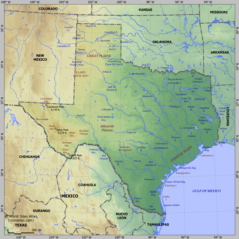Map of relief of Texas